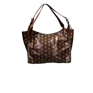 Dooney & Bourke DB75 Monogram Shopper Tote Brown Coated Canvas Red Interior GUC